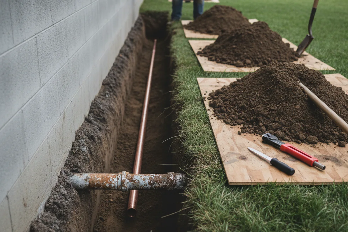 Excavated water line trench during Water Softener Installation in Rowe